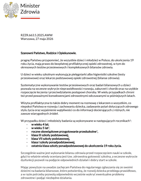 Bezpłatne badania profilaktyczne dla uczniów